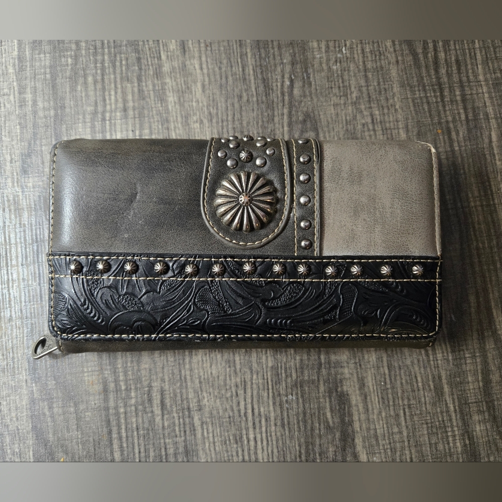 Montana West Black and Gray Women's Wallet, Leather, Tooled Studded, Distressed